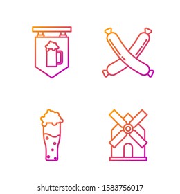 Set line Windmill, Glass of beer, Street signboard with glass of beer and Crossed sausage. Gradient color icons. Vector