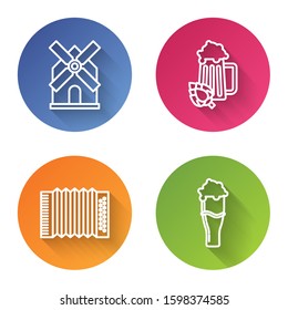 Set line Windmill, Glass of beer and hop, Musical instrument accordion and Glass of beer. Color circle button. Vector
