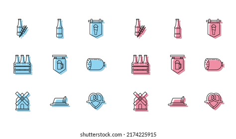 Set line Windmill, Oktoberfest hat, Beer bottle, Pretzel, Street signboard with glass of beer, Salami sausage, Pack bottles and  icon. Vector