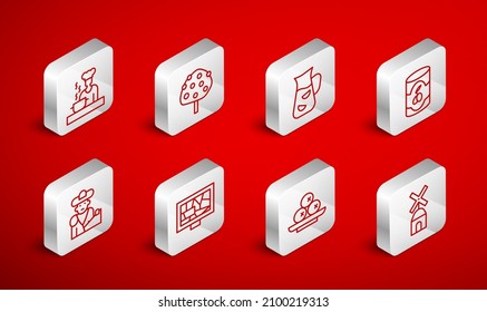 Set line Windmill, Orange tree, Sangria, Olives can, on plate, Spanish cook, Picture art and Bullfight, matador icon. Vector