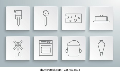 Set line Windmill, Pizza knife, Oven, Bakery bowl dough, Pastry bag for decorate cakes, Cheese, Strawberry cheesecake slice and Kitchen brush icon. Vector