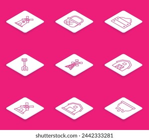 Set line Windmill, Shopping basket, Wooden box with harvest, Garden rake, Farm House concept,  and  icon. Vector