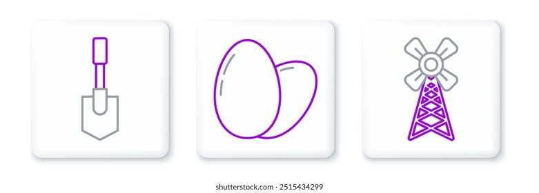 Set line Windmill, Shovel and Chicken egg icon. Vector