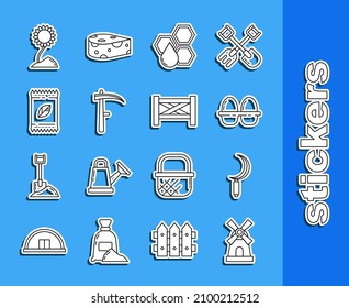 Set line Windmill, Sickle, Chicken egg box, Honeycomb, Scythe, A pack full of seeds of a specific plant, Sunflower and Garden fence wooden icon. Vector