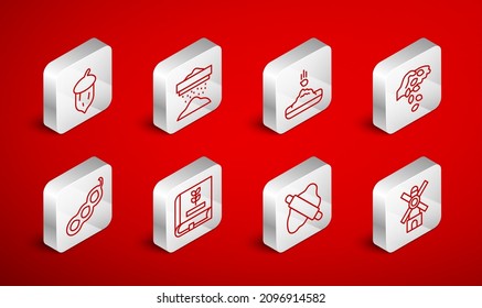 Die Linie Windmühle, Sifting Mehl, Saatgut, Rolling Pin auf Teig, Acorn, Eichenmutter, Samen, Buchen Sie über Samen und grüne Erbsen Ikone. Vektorgrafik