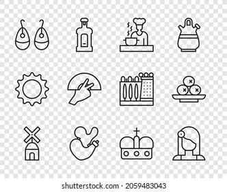 Set line Windmill, Spanish woman, cook, wineskin, Earrings, Fan flamenco, Crown of spain and Olives on plate icon. Vector