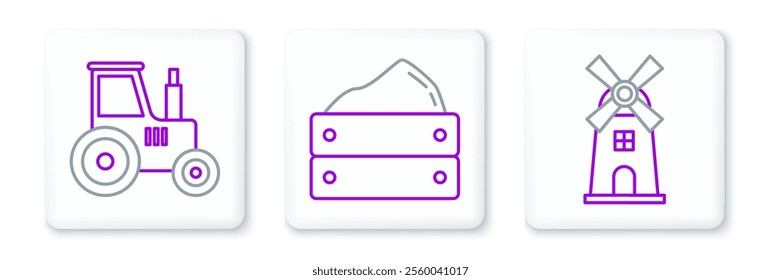 Set line Windmill, Tractor and Wooden box with harvest icon. Vector