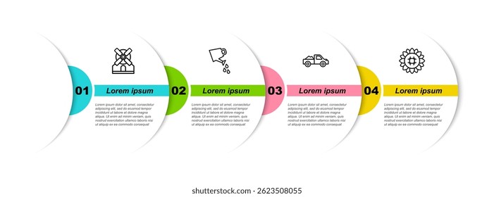 Set line Windmill, Watering can, Pickup truck and Sunflower. Business infographic template. Vector
