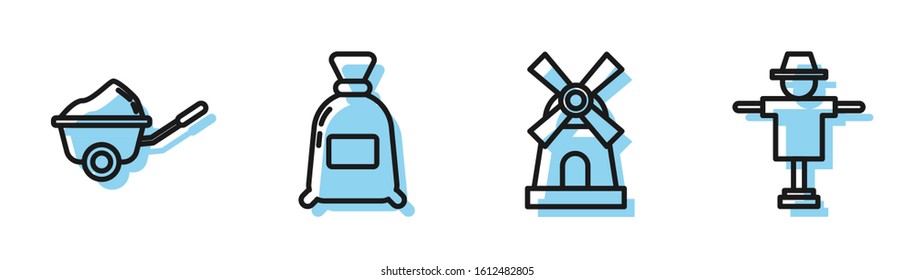 Set line Windmill, Wheelbarrow with dirt, Bag of flour and Scarecrow icon. Vector