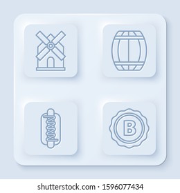 Set line Windmill, Wooden barrel, Hotdog sandwich with mustard and Bottle cap with inscription beer. White square button. Vector