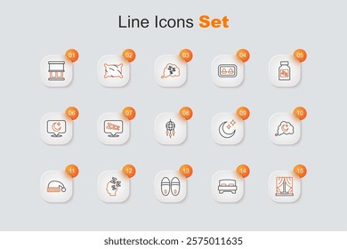 Set line Window with curtains, Big bed, Slippers, Dreams, Sleeping hat, Moon and stars and catcher feathers icon. Vector