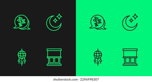 Set line Window with curtains, Dream catcher feathers, Sleepy and Moon and stars icon. Vector