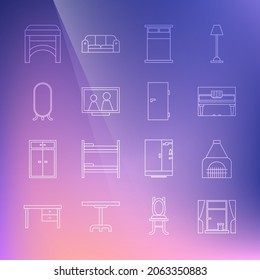Set line Window with curtains, Interior fireplace, Grand piano, Big bed, Picture frame on table, full length mirror, Chair and Closed door icon. Vector
