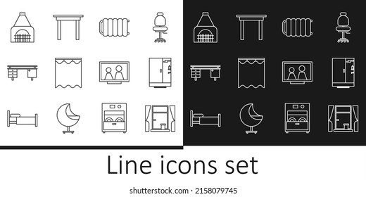 Set line Window with curtains, Shower cabin, Heating radiator, Curtains, Office desk, Interior fireplace, Picture frame on table and Wooden icon. Vector