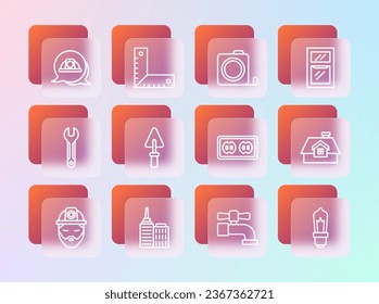 Set line Window in room, City landscape, Electrical outlet, Water tap, Trowel, Roulette construction, Worker safety helmet and Corner ruler icon. Vector