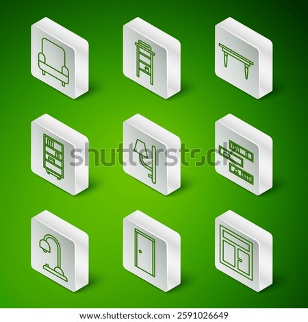 Set line Window in the room, Closed door, Armchair, Wall sconce, Library bookshelf, Bathroom rack with shelves for towels, Table lamp and Shelf icon. Vector