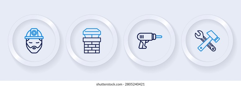 Set line Window in room, Electric drill machine, Chimney and Builder icon. Vector