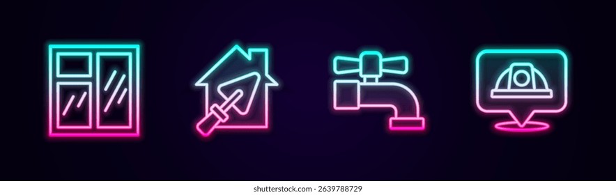 Set line Window in room, House with trowel, Water tap and Worker safety helmet. Glowing neon icon. Vector