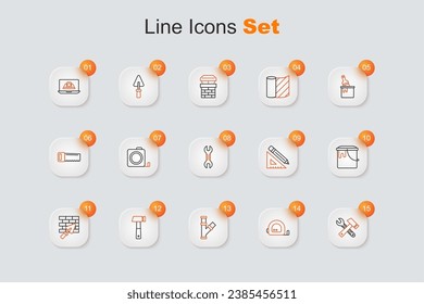 Set line Window in room, Roulette construction, Industry metallic pipe, Hammer, Brick wall with trowel, Paint bucket, Triangular ruler and pencil and Wrench spanner icon. Vector