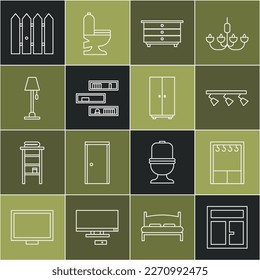 Set line Window in the room, Wardrobe, Led track lights and lamps, Chest of drawers, Shelf with books, Floor, Garden fence wooden and  icon. Vector