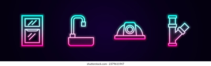 Set line Window in room, Washbasin, Worker safety helmet and Industry metallic pipe. Glowing neon icon. Vector