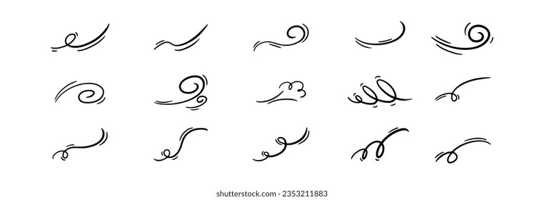 A set of line winds. Air, wind, swirl in doodle illustration style. Vector illustration on white background