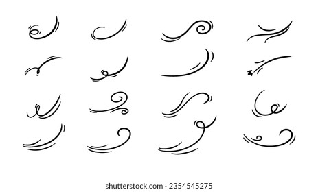 A set of line winds. Air, wind, swirl in doodle illustration style. Vector illustration on white background