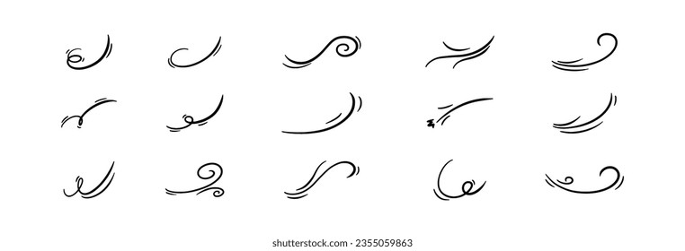 A set of line winds. Air, wind, swirl in doodle illustration style. Vector illustration on white background