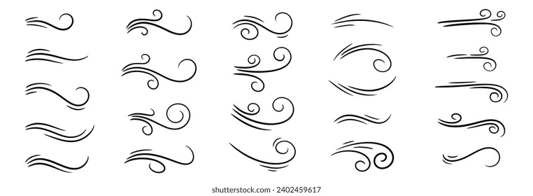 A set of line winds. Air, wind, swirl in doodle illustration style. Vector illustration on white background