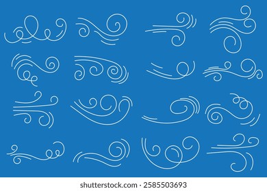 A set of line winds. Air, wind, swirl in doodle illustration style. Vector illustration . 1176