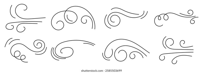 A set of line winds. Air, wind, swirl in doodle illustration style. Vector illustration . 1176