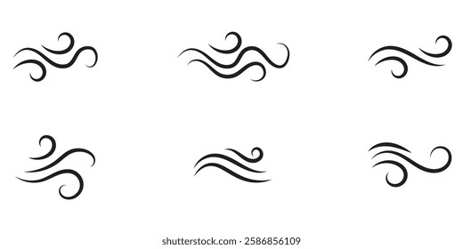 A set of line winds. Air, wind, swirl in doodle illustration style. Vector illustration on white background.