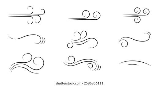 A set of line winds. Air, wind, swirl in doodle illustration style. Vector illustration on white background.