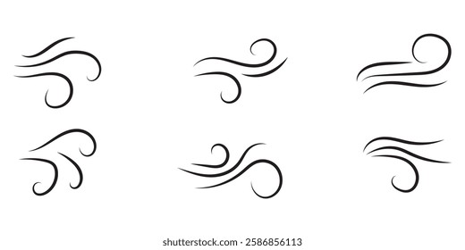 A set of line winds. Air, wind, swirl in doodle illustration style. Vector illustration on white background.