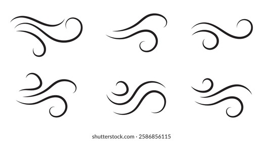 A set of line winds. Air, wind, swirl in doodle illustration style. Vector illustration on white background.