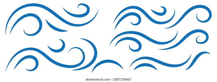 A set of line winds. Air, wind, swirl in doodle illustration style. Vector set with simple doodle wave line icon. Hand drawn doodle wind motion, air blow, swirl elements. 