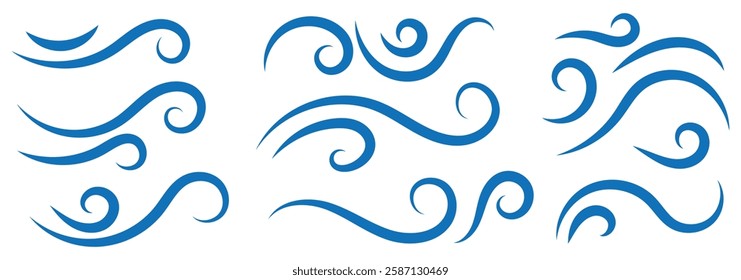 A set of line winds. Air, wind, swirl in doodle illustration style. Vector set with simple doodle wave line icon. Hand drawn doodle wind motion, air blow, swirl elements. 