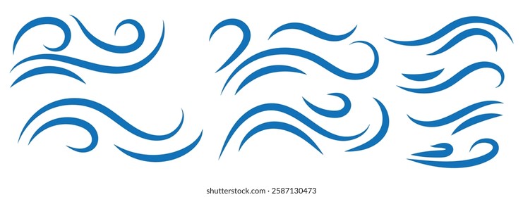 A set of line winds. Air, wind, swirl in doodle illustration style. Vector set with simple doodle wave line icon. Hand drawn doodle wind motion, air blow, swirl elements. 