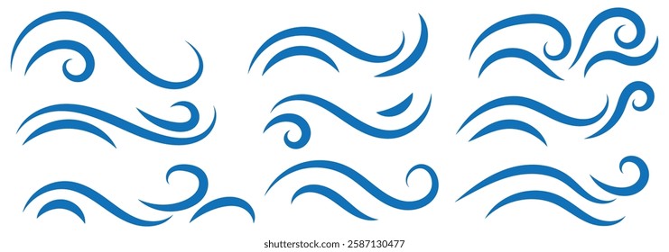 A set of line winds. Air, wind, swirl in doodle illustration style. Vector set with simple doodle wave line icon. Hand drawn doodle wind motion, air blow, swirl elements. 