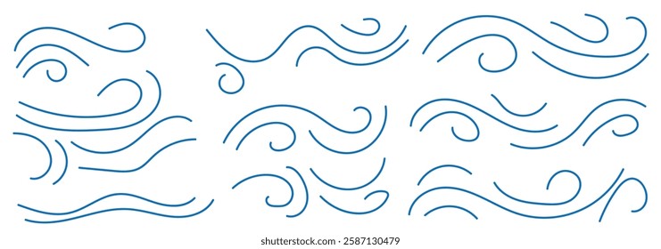 A set of line winds. Air, wind, swirl in doodle illustration style. Vector set with simple doodle wave line icon. Hand drawn doodle wind motion, air blow, swirl elements. 