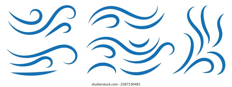 A set of line winds. Air, wind, swirl in doodle illustration style. Vector set with simple doodle wave line icon. Hand drawn doodle wind motion, air blow, swirl elements. 