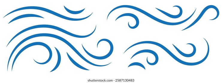 A set of line winds. Air, wind, swirl in doodle illustration style. Vector set with simple doodle wave line icon. Hand drawn doodle wind motion, air blow, swirl elements. 