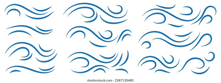 A set of line winds. Air, wind, swirl in doodle illustration style. Vector set with simple doodle wave line icon. Hand drawn doodle wind motion, air blow, swirl elements. 