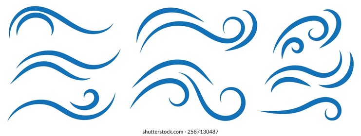 A set of line winds. Air, wind, swirl in doodle illustration style. Vector set with simple doodle wave line icon. Hand drawn doodle wind motion, air blow, swirl elements. 