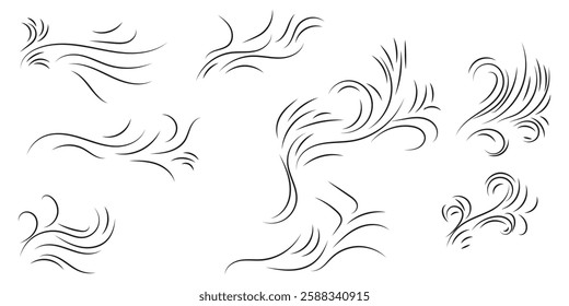 A set of line winds. Air, wind, swirl in doodle illustration style. Vector illustration on white background
