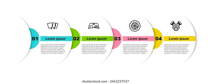 Set line Windscreen wiper, Car windscreen, wheel and engine. Business infographic template. Vector