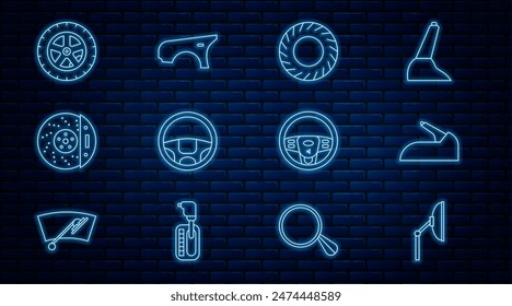 Set line Windscreen wiper, Car handbrake, tire, Steering wheel, disk with caliper,  and fender icon. Vector