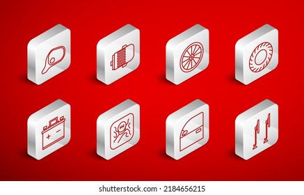 Windschutzscheibenwischer, Elektromotor, Autorad, Reifen, Tür, Spiegel, Getriebe und Batteriesymbol. Vektorgrafik