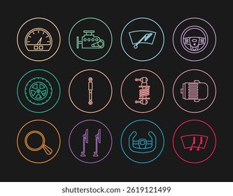 Limpiaparabrisas, motor eléctrico, amortiguador, rueda de coche, velocímetro e icono. Vector