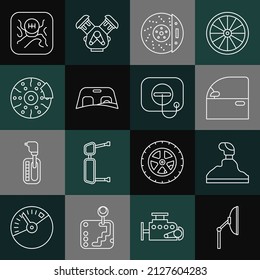 Ajuste el limpiaparabrisas de línea, el selector de velocidades, la puerta del coche, el disco de freno con pinza de freno, el parabrisas y el tapón de llenado de aceite en el icono de la estación de gasolina. Vector